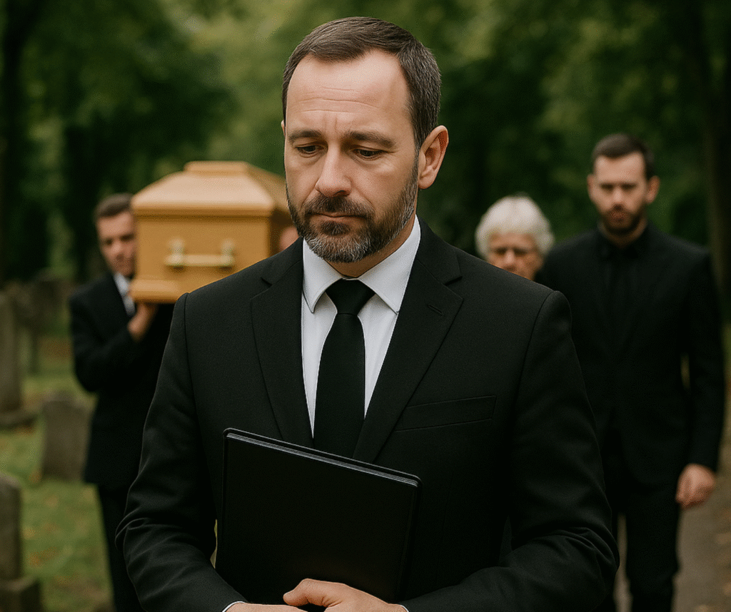 Celebrant/ka prowadzący/a kondukt pogrzebowy podczas ceremonii humanistycznej.